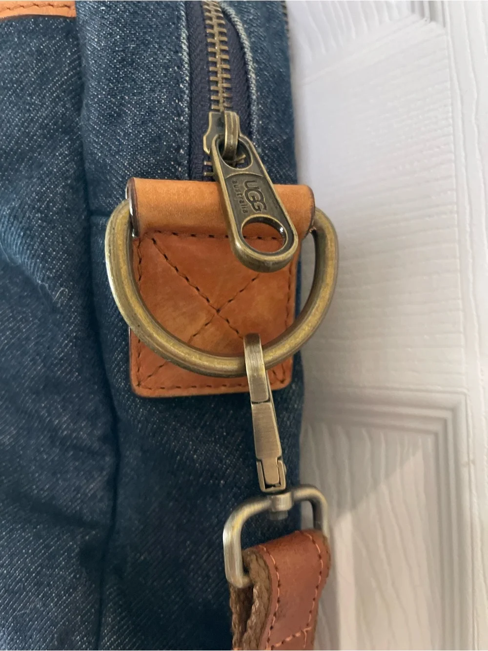 UGG Denim/Leather Canvas Messenger Bag with Brown Leather Trim *RARE*